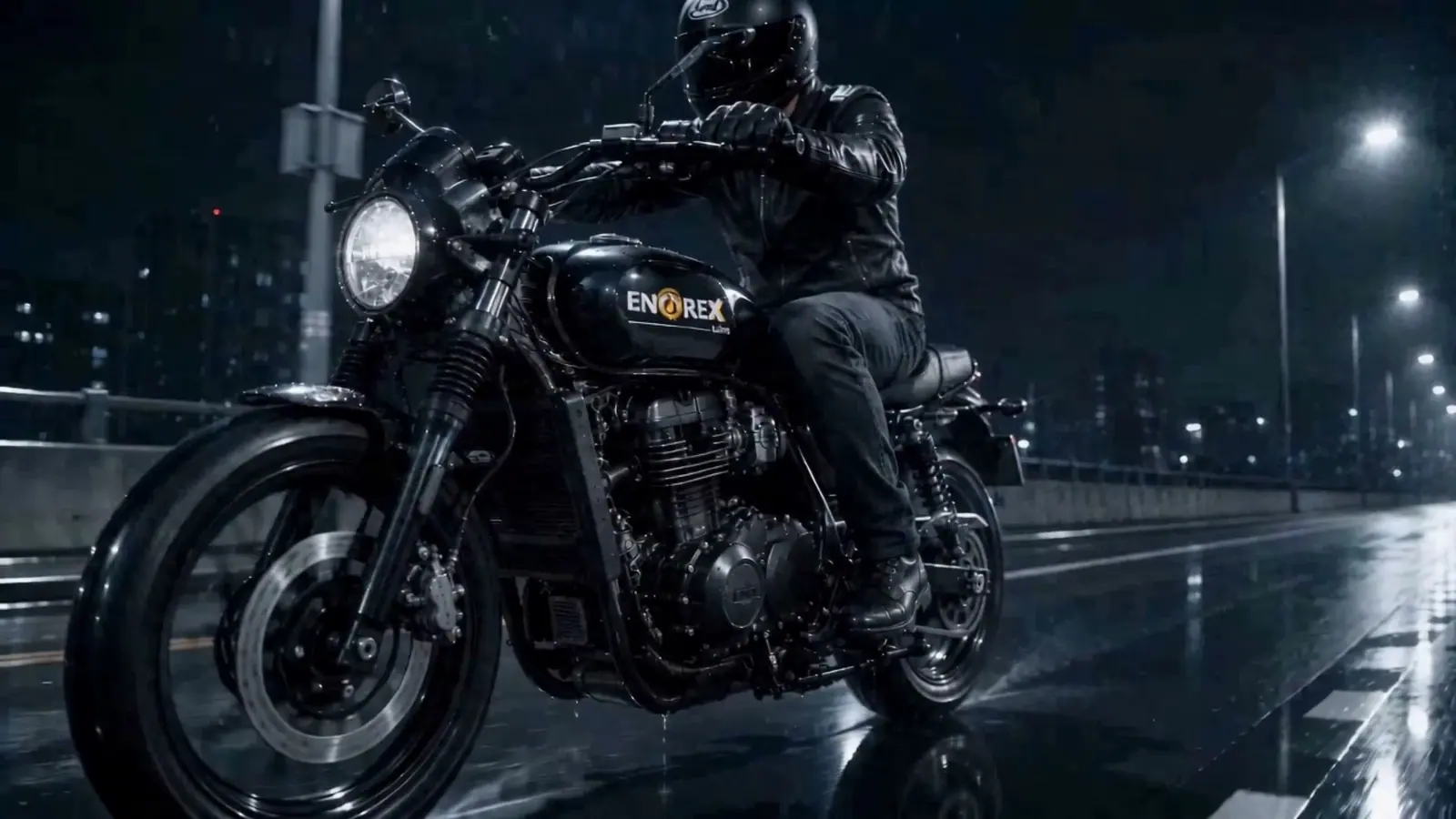 An Enorex-branded motorcycle ridden through a wet city street at night, its engine shown in cutaway with gold lubricant flowing through the pistons